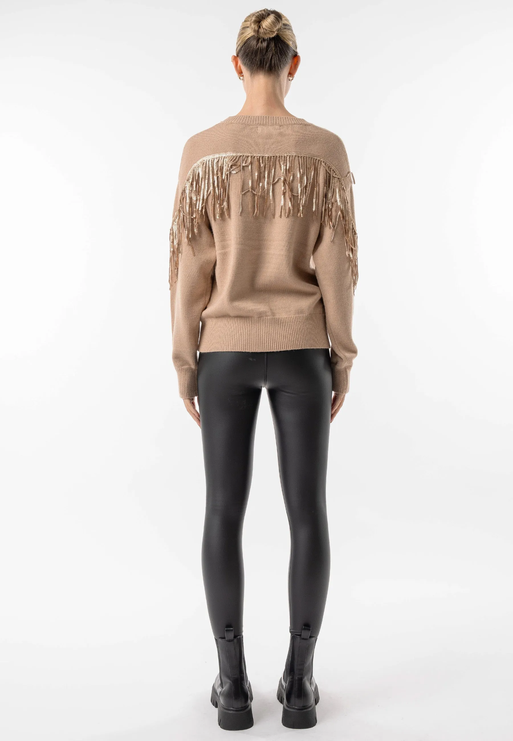 (3p. Pack) Brown Crew Neck Jumper with Fringe Detail
