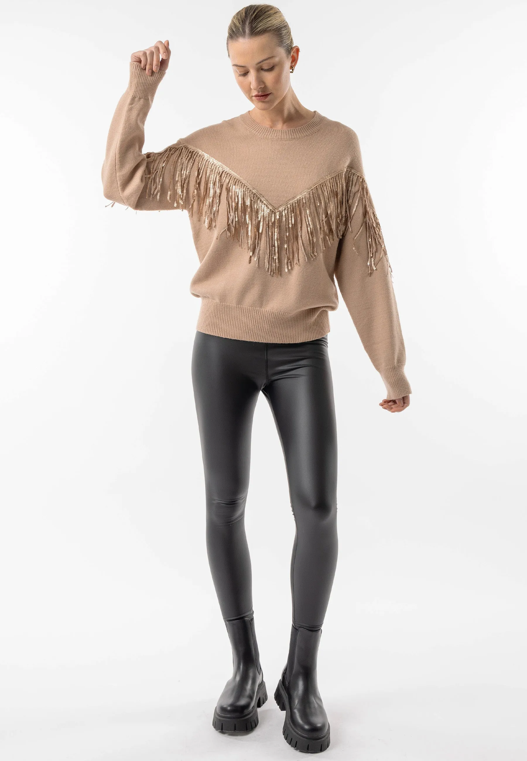 (3p. Pack) Brown Crew Neck Jumper with Fringe Detail