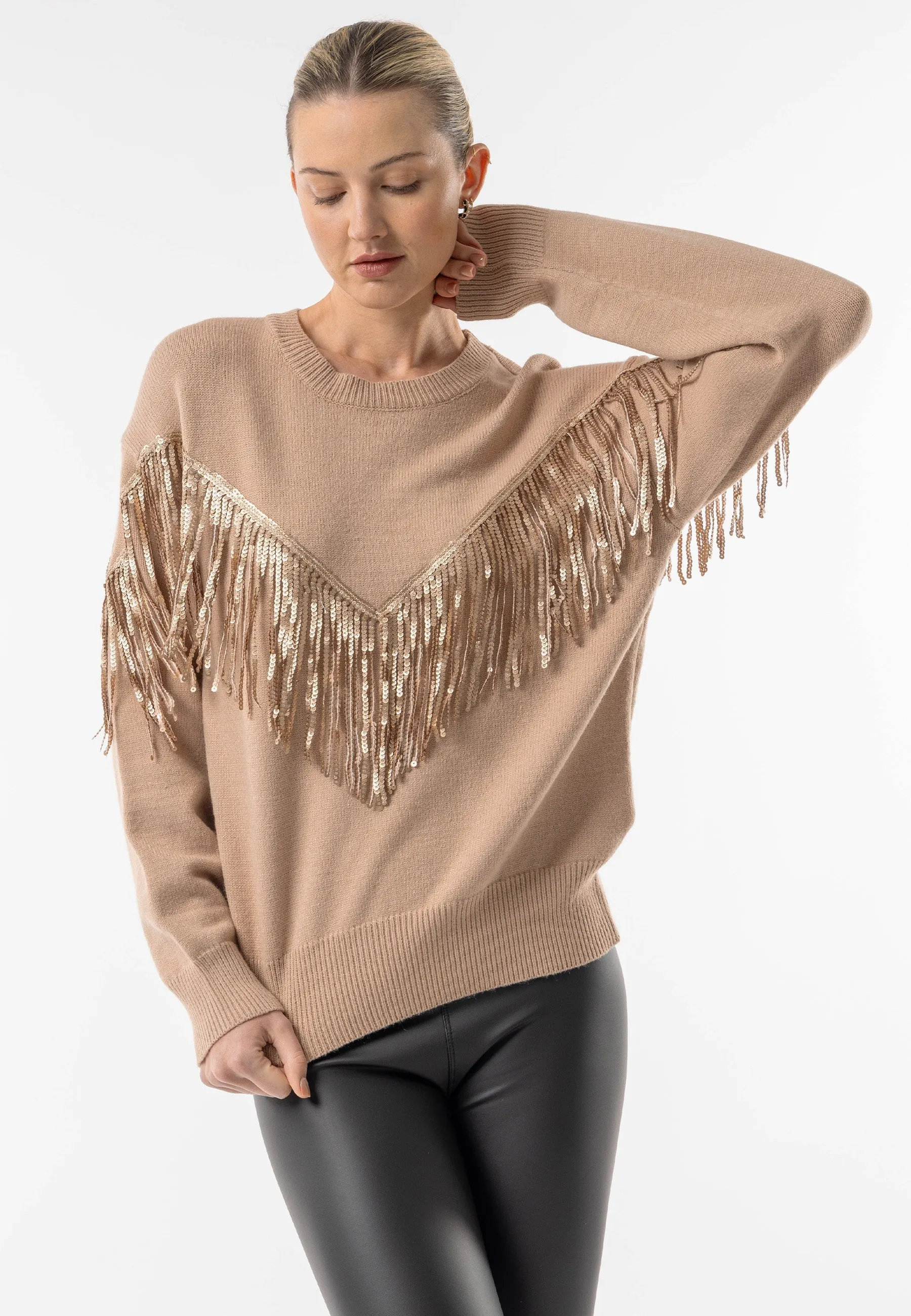 (3p. Pack) Brown Crew Neck Jumper with Fringe Detail