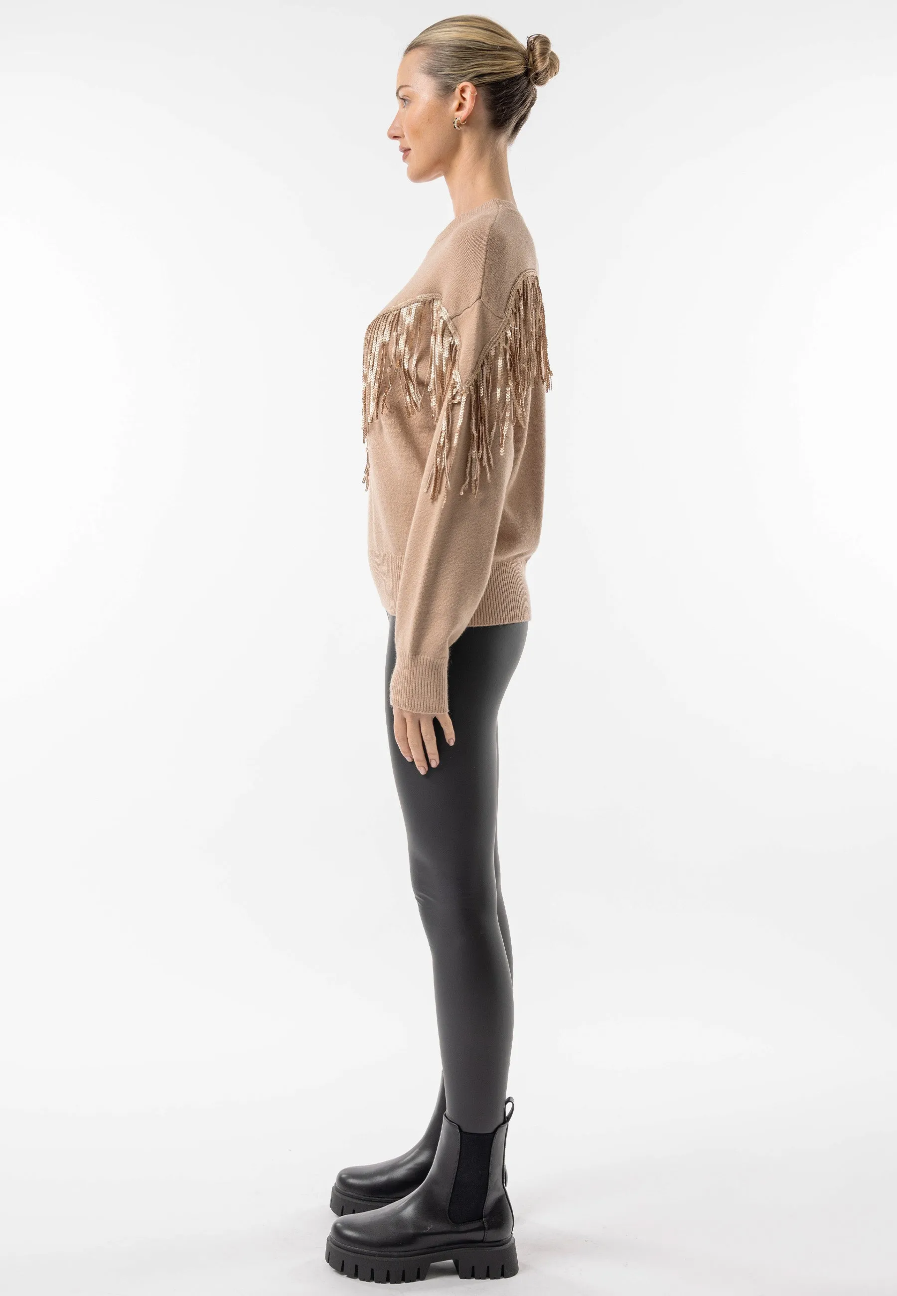 (3p. Pack) Brown Crew Neck Jumper with Fringe Detail