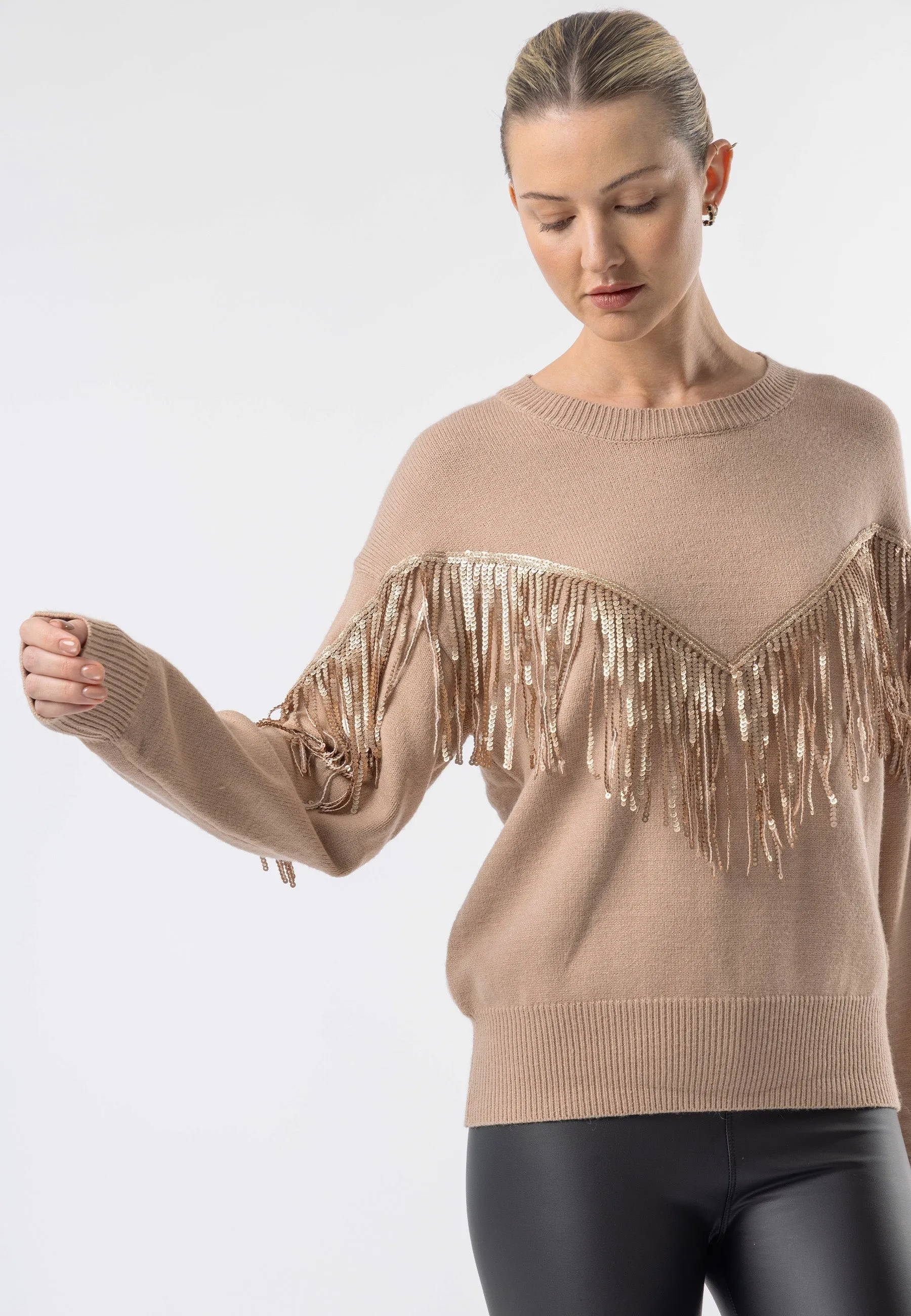 (3p. Pack) Brown Crew Neck Jumper with Fringe Detail