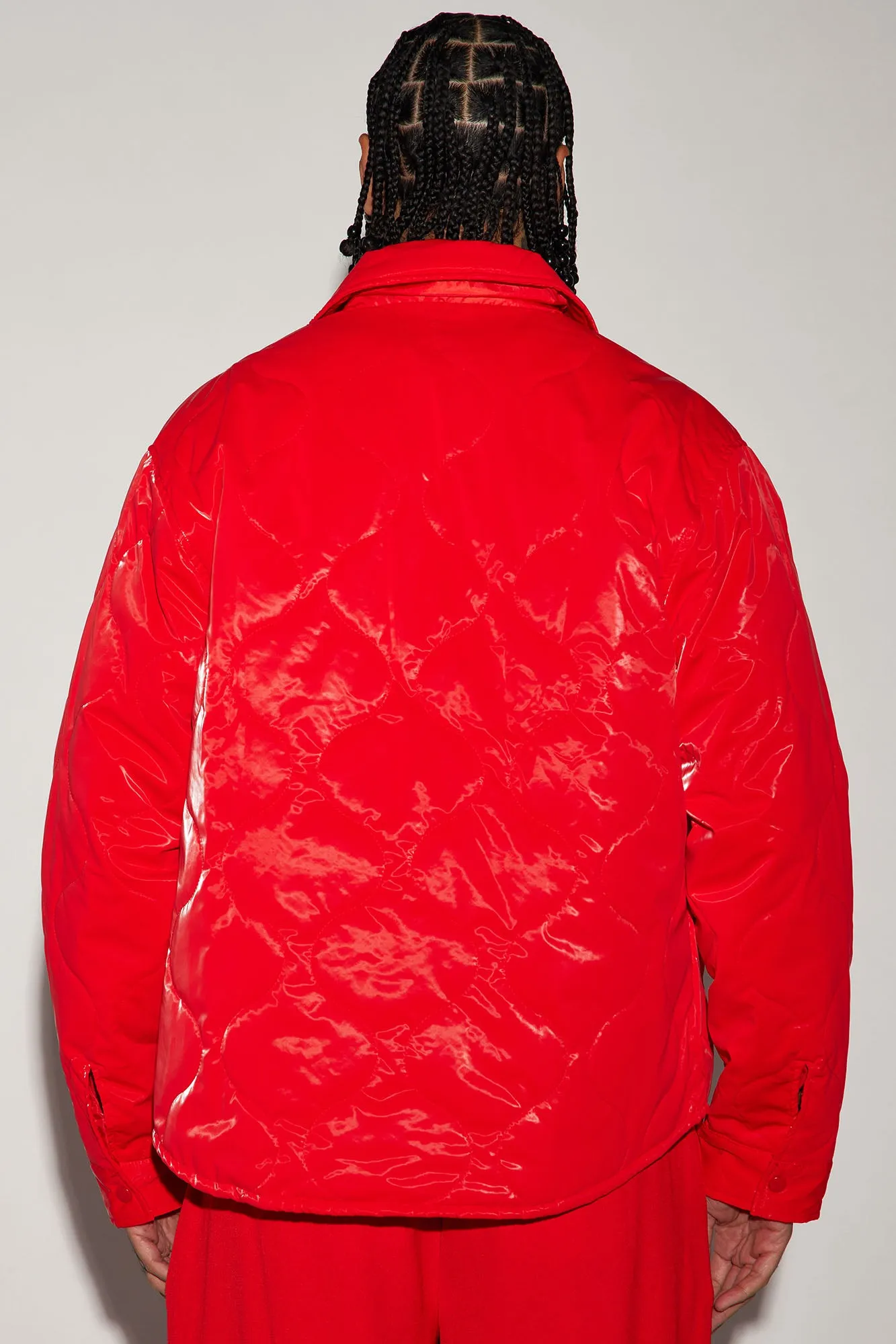 Aspen Quilted Gloss Nylon Shacket - Red