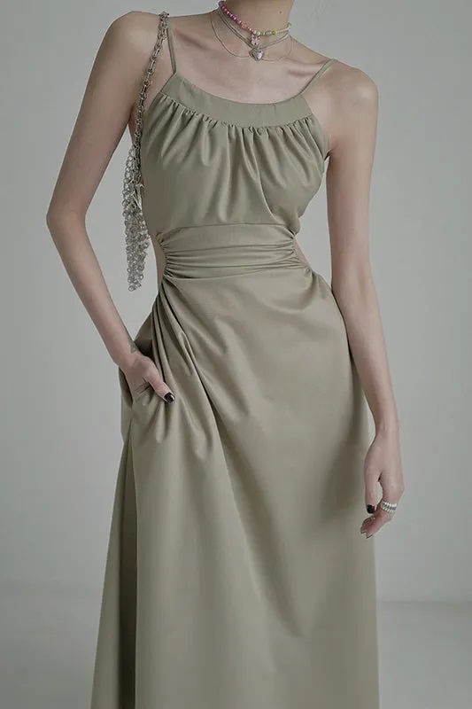 Backless Wool Dress with Waistless Suspender Design & Elegant Silhouette