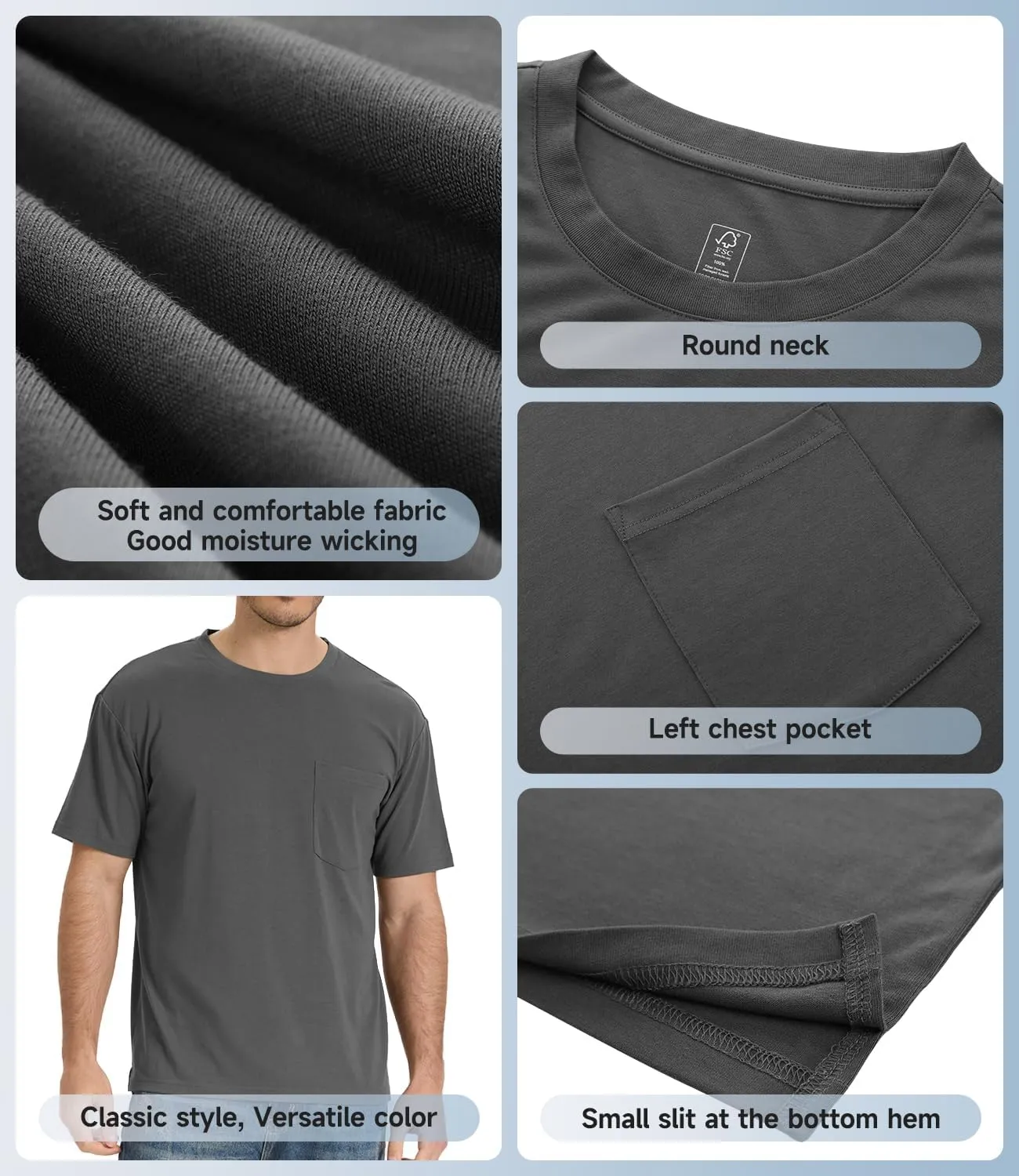 BAMBOO COOL Men's Pocket T-Shirts Heavy Weight Short Sleeve Tee Shirts Crew Neck Tshirt Soft Classic Undershirts for Men