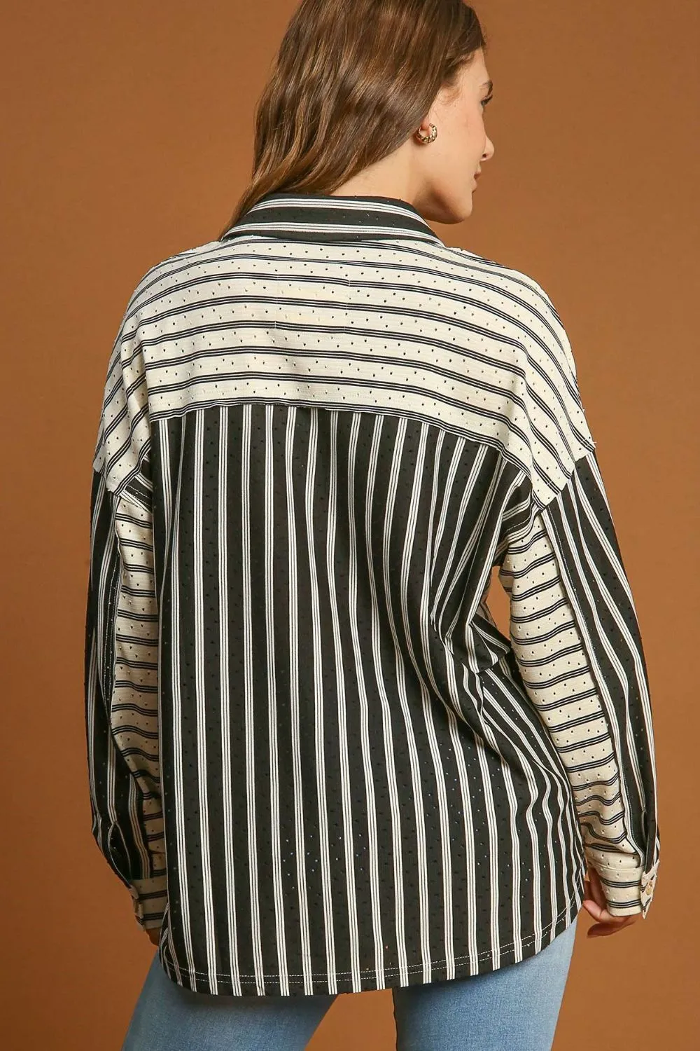 Bold and Sassy Colorblock Stripes Pointelle Collared Top