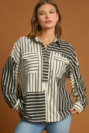Bold and Sassy Colorblock Stripes Pointelle Collared Top