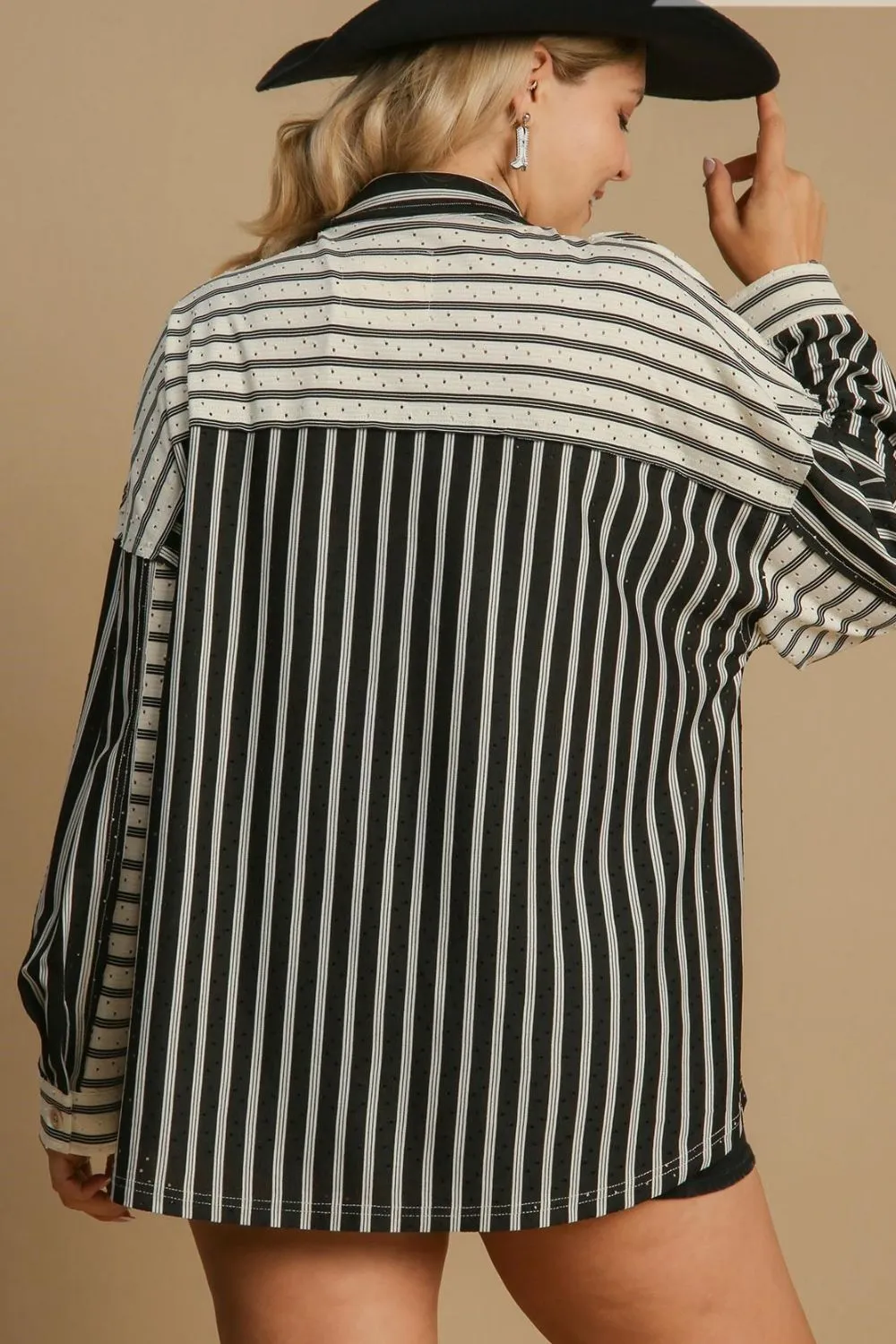 Bold and Sassy Colorblock Stripes Pointelle Collared Top