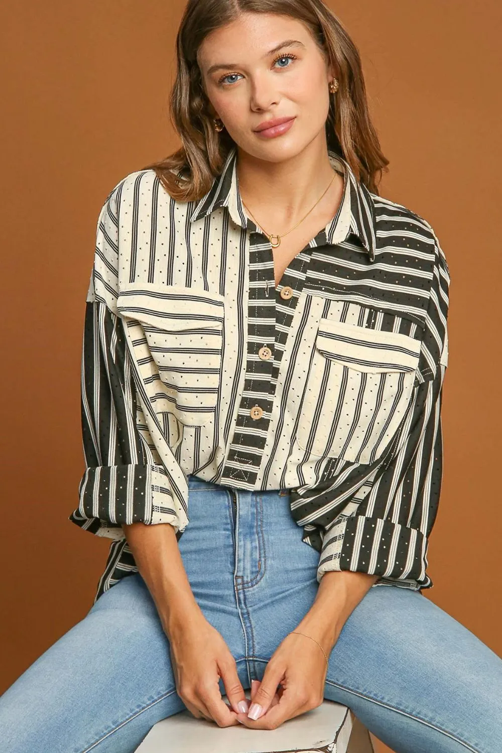 Bold and Sassy Colorblock Stripes Pointelle Collared Top