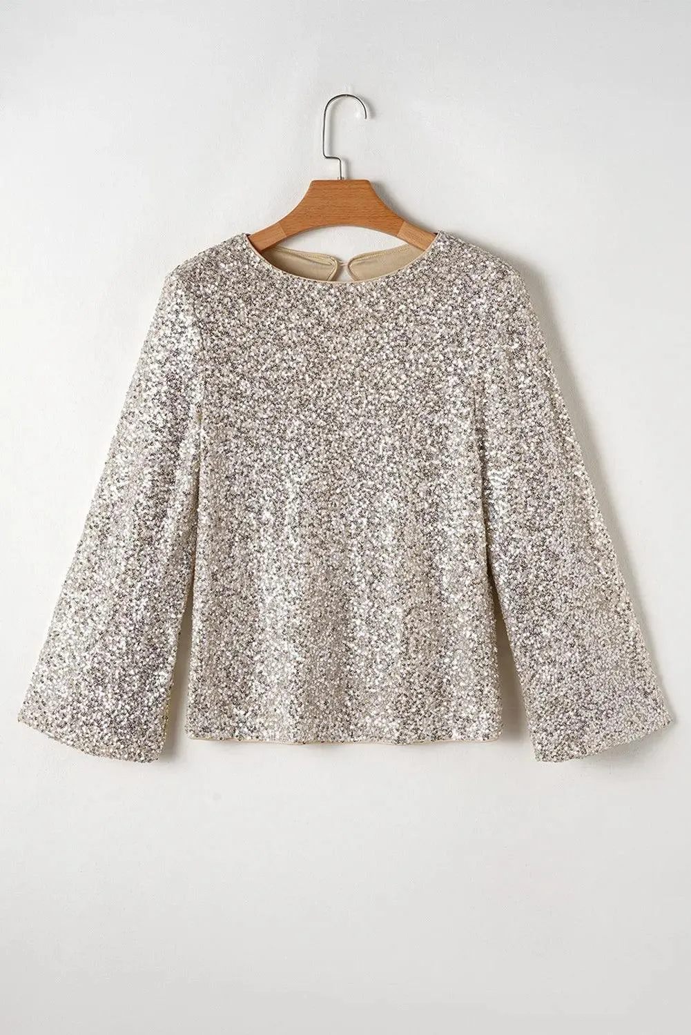 Cutout Blouse Sequin Round Neck Long Sleeve Party Tops