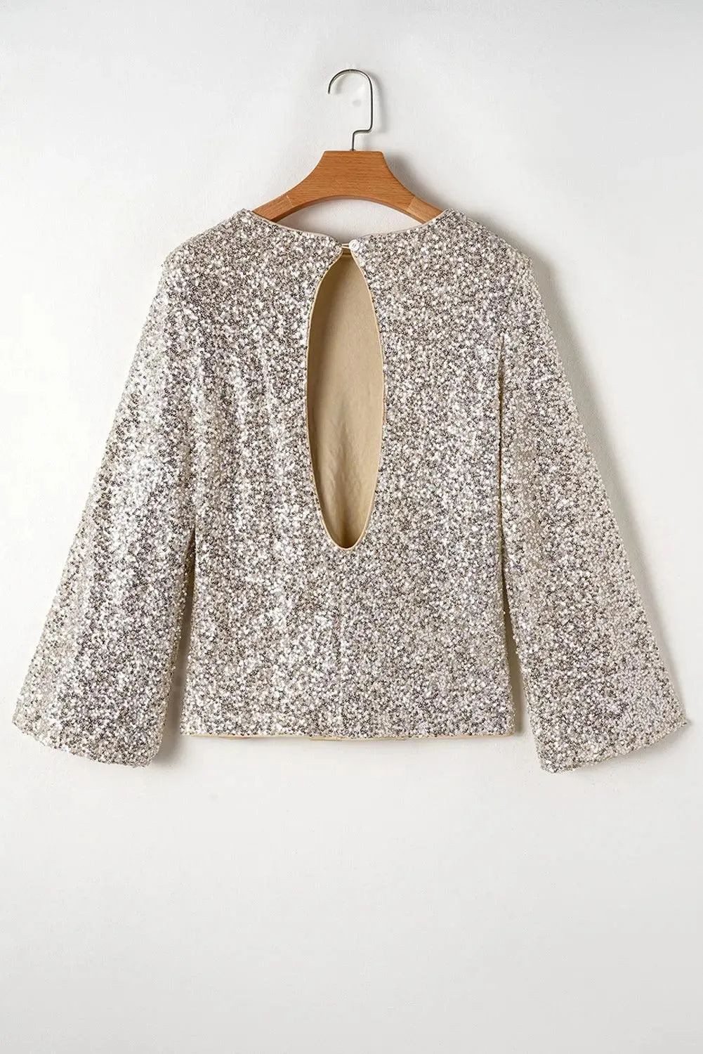 Cutout Blouse Sequin Round Neck Long Sleeve Party Tops