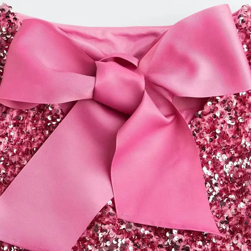 Dance All Night Sequin Back Tie Up Bow Loose Mini Cute Dress