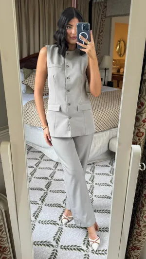 Danielle Taupe Straight Leg Trousers & Longline Waistcoat Co Ord