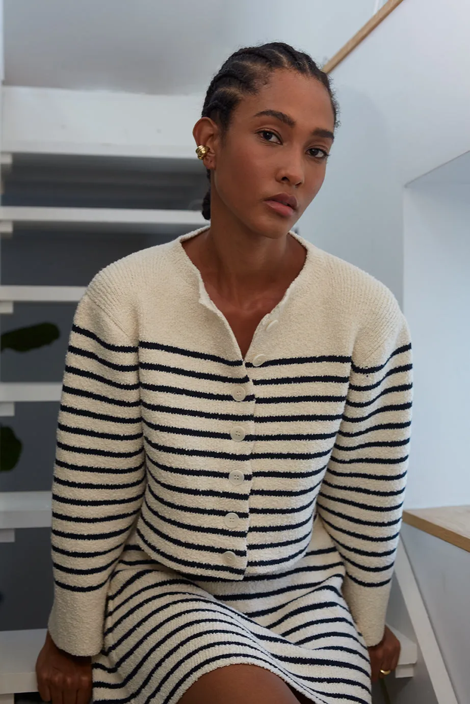Faye Striped Cardigan-Ivory & Navy