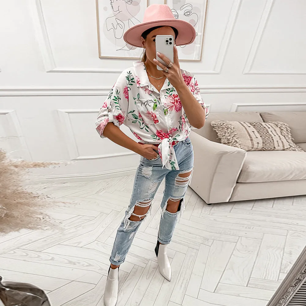 Floral Print Mid-Sleeve Blouse Fashion Shirt Wholesale Womens Tops
