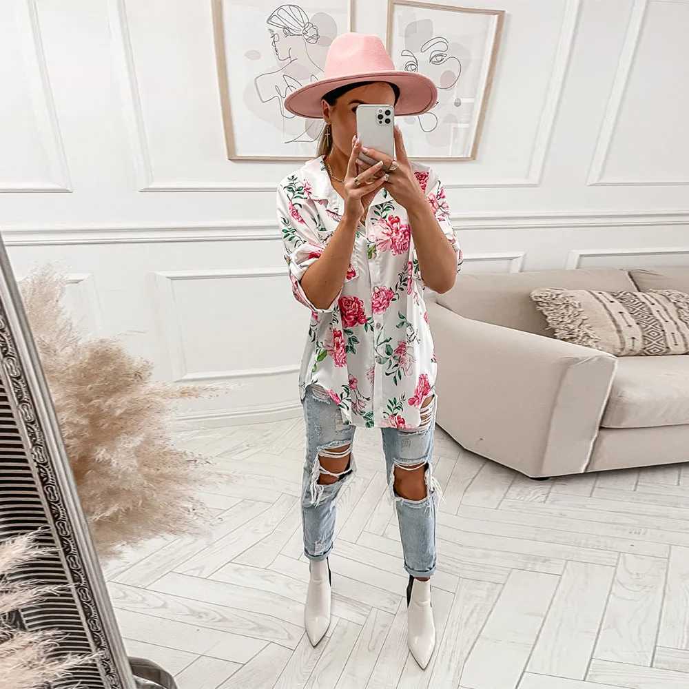 Floral Print Mid-Sleeve Blouse Fashion Shirt Wholesale Womens Tops