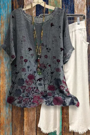 Floral Print Round Neck Loose Casual Tops