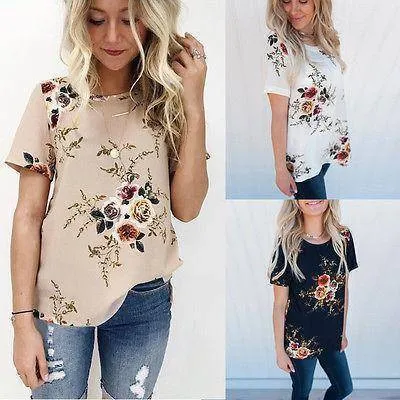 Floral Short Sleeve Ladies Chiffon Loose Casual Tops Round Neck (US 6-16W)