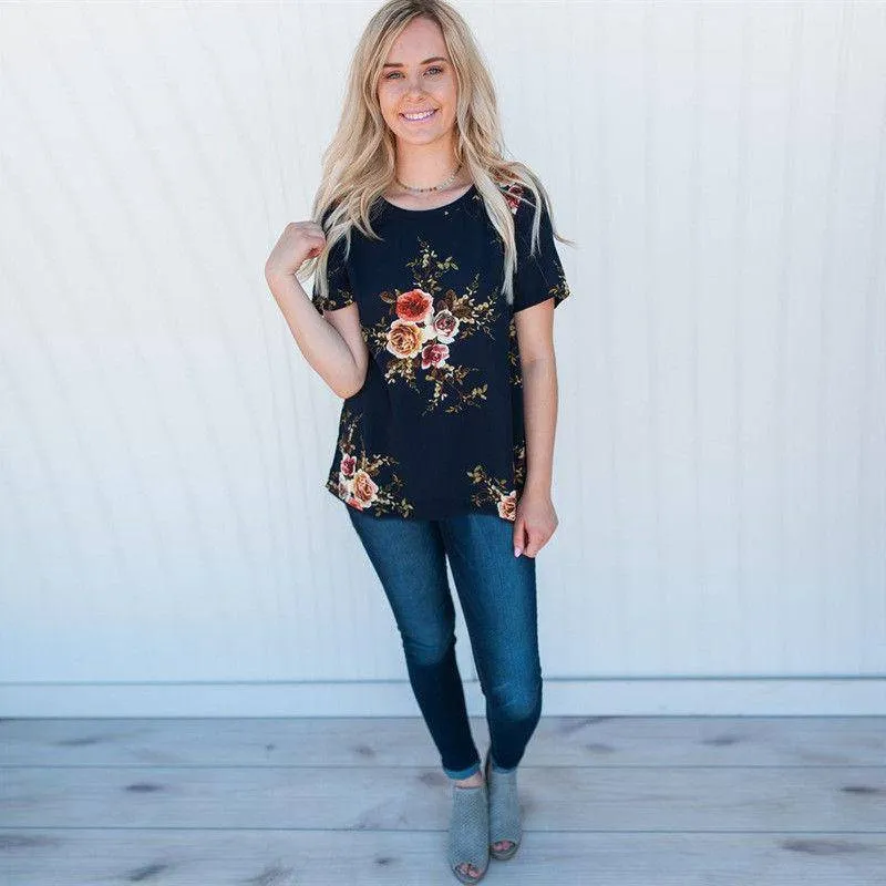 Floral Short Sleeve Ladies Chiffon Loose Casual Tops Round Neck (US 6-16W)