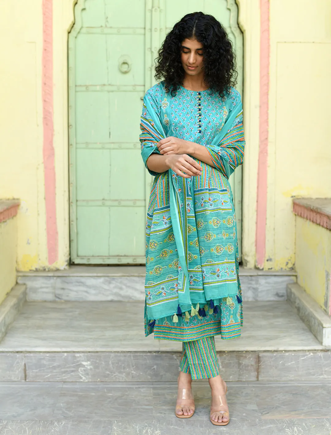 Green Floral Printed Regular Pure Cotton 3-Piece Kurta Suit Set