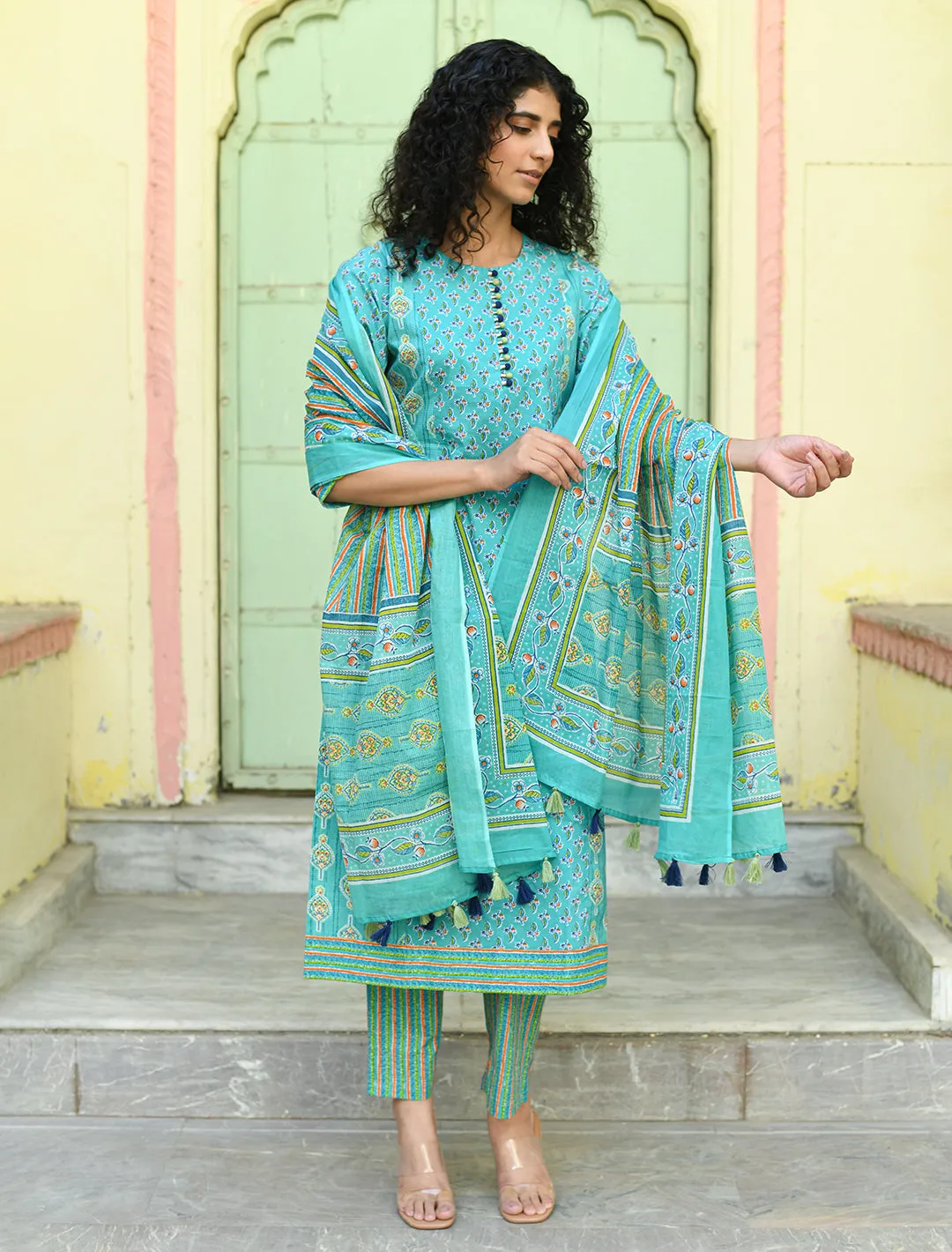 Green Floral Printed Regular Pure Cotton 3-Piece Kurta Suit Set