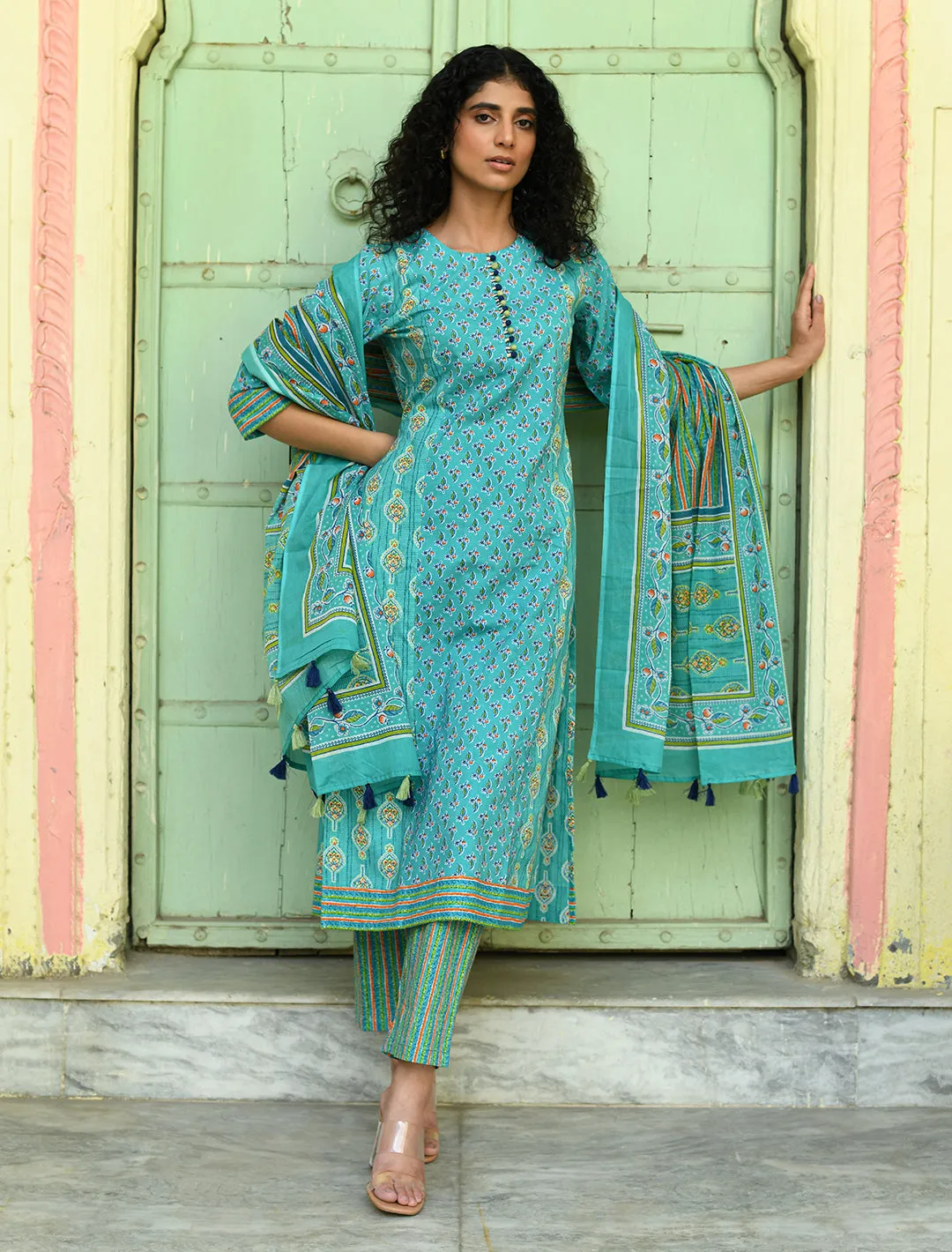 Green Floral Printed Regular Pure Cotton 3-Piece Kurta Suit Set