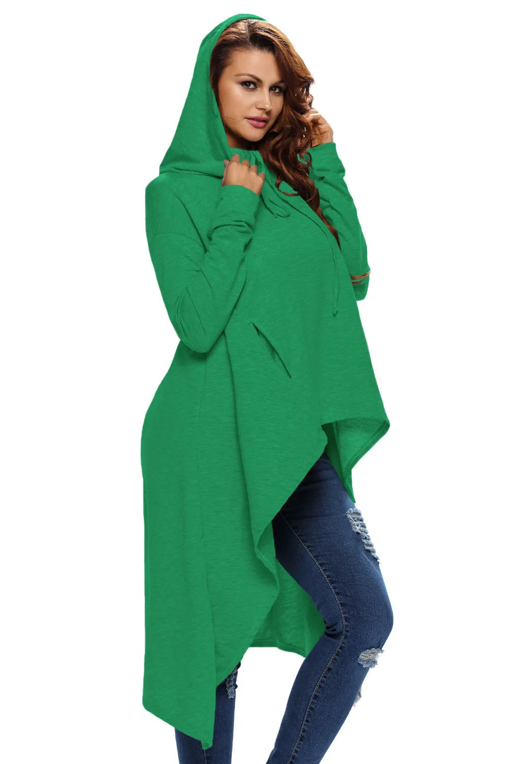 Green Plain Drawstring Irregular Oversize Hoodie