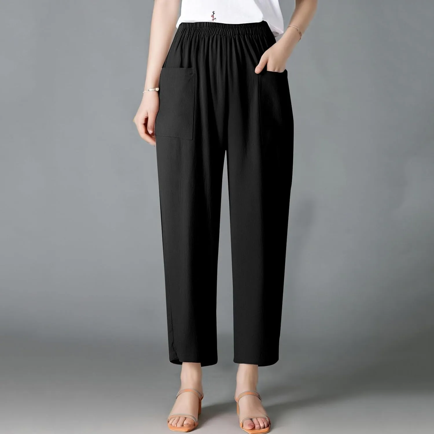 Loose Linen Pants for Women Summer High Waisted Wide Legged Pants Palazzo Pant Travel Trouser Pant with Pockets