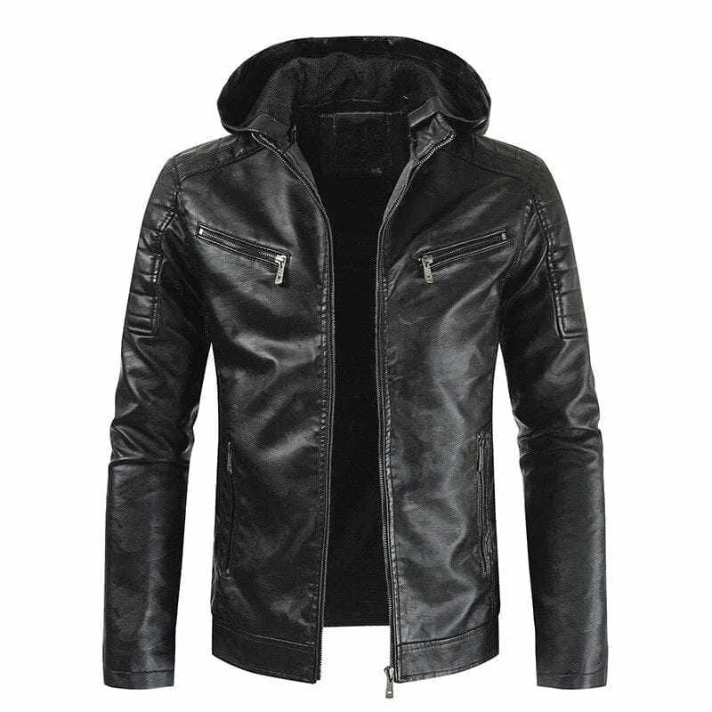 Men's Faux Leather Hooded Warm Winter Motorcycle  Jackets