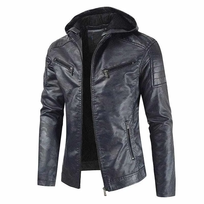 Men's Faux Leather Hooded Warm Winter Motorcycle  Jackets