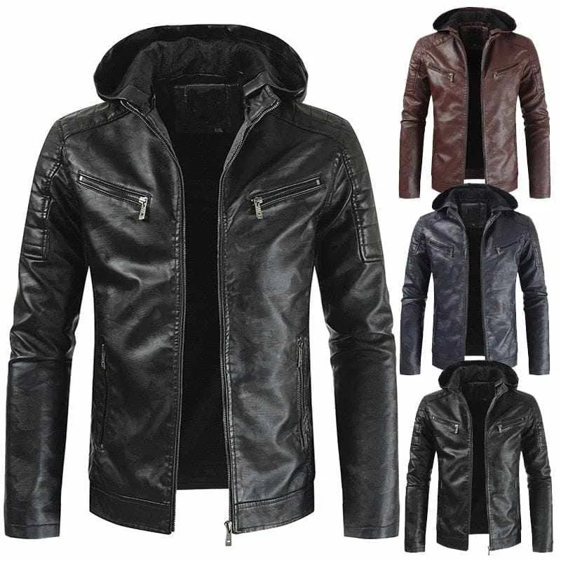 Men's Faux Leather Hooded Warm Winter Motorcycle  Jackets