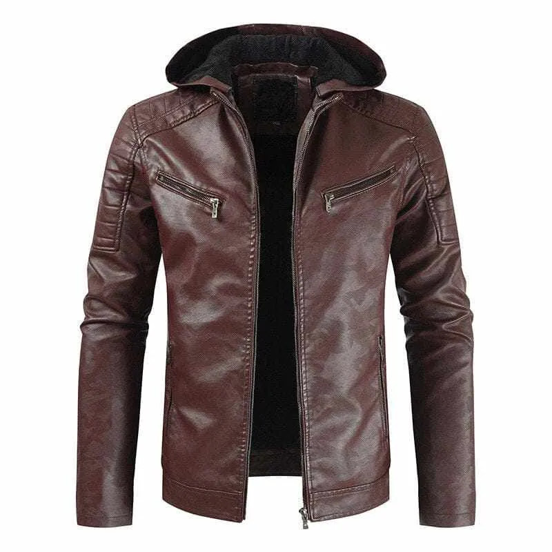 Men's Faux Leather Hooded Warm Winter Motorcycle  Jackets
