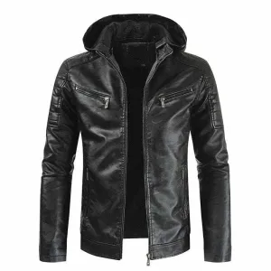 Men's Faux Leather Hooded Warm Winter Motorcycle  Jackets