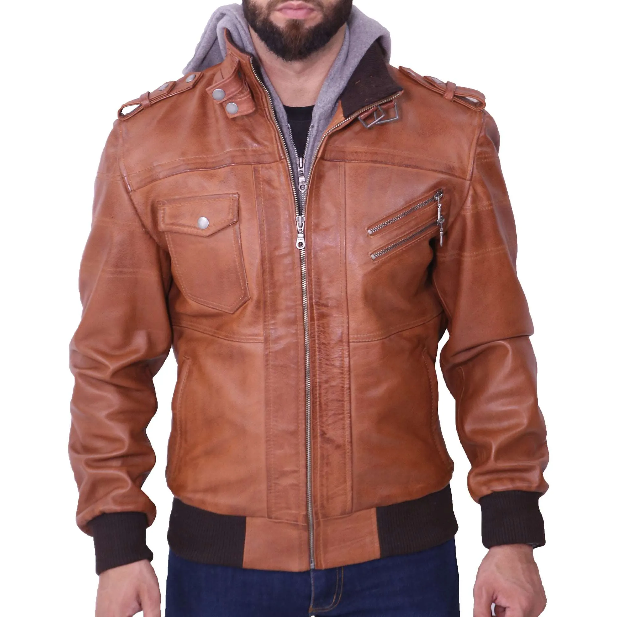 Men's Grey Removable Hood Brown Leather Jacket