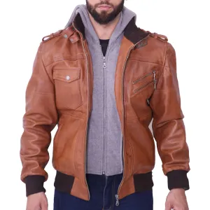 Men's Grey Removable Hood Brown Leather Jacket