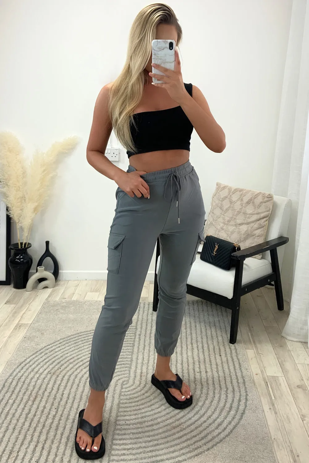 Nicky Grey High Waisted Pocket Detail Cargo Jogger Trousers