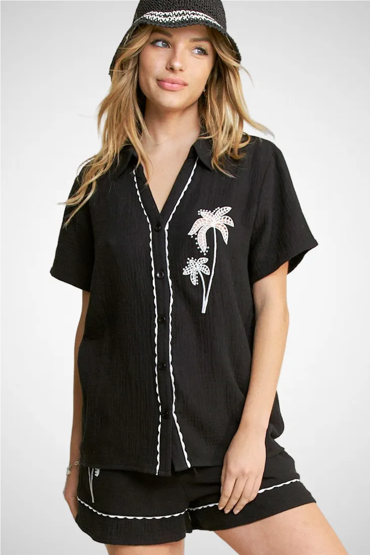 Palm Tree Embroidery Button Down Shirt