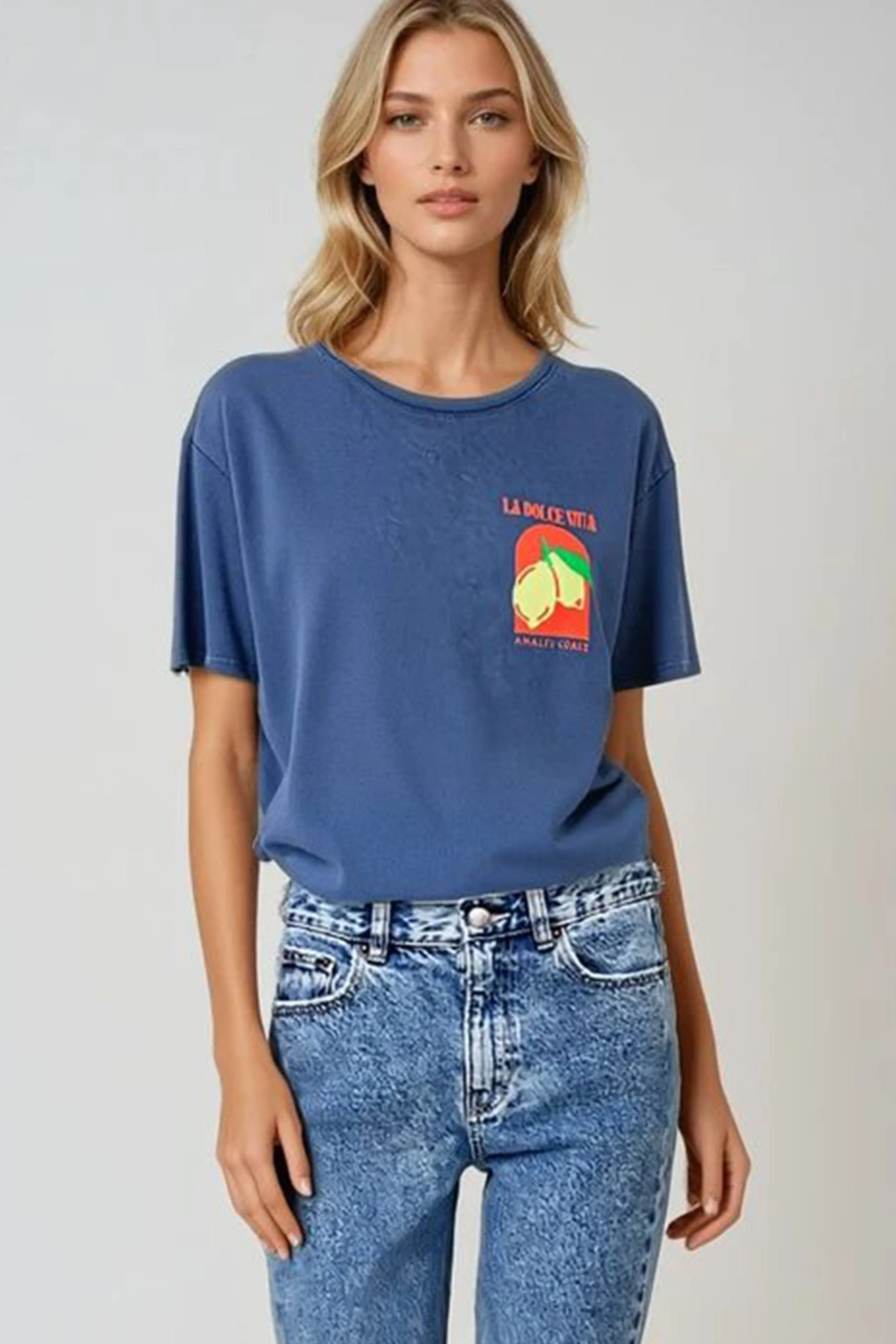 Relaxed Fit T-Shirt With La Dolce Vita Print In Navy Blue