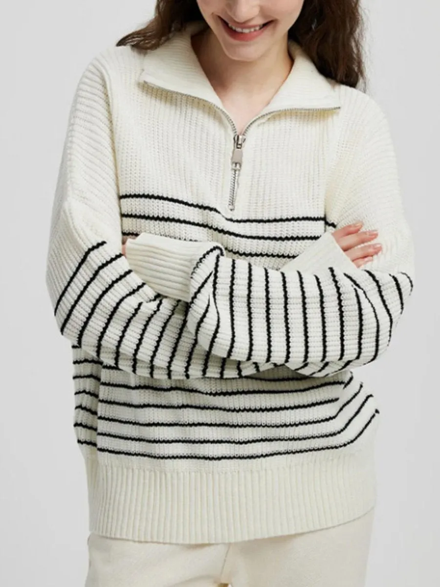 Striped Colorblock Turtleneck Long Sleeve Knit Sweater with Zipper