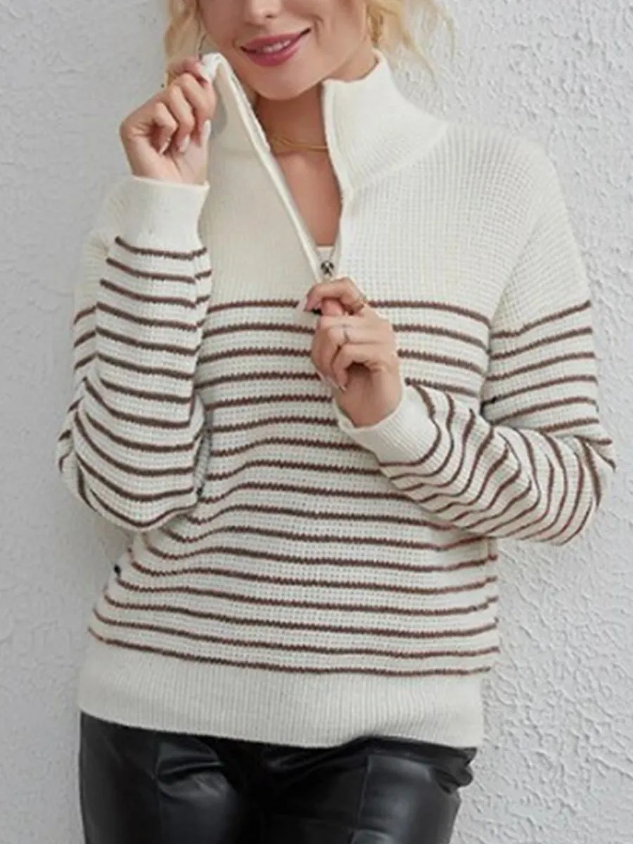 Striped Colorblock Turtleneck Long Sleeve Knit Sweater with Zipper