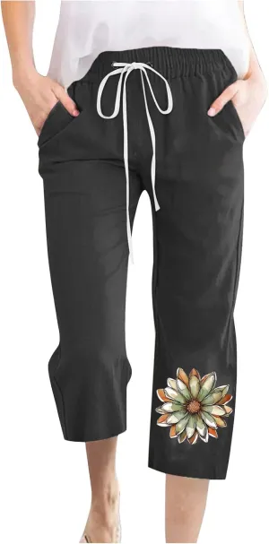 Summer Linen Capri Pants for Women Casual Floral Print Elastic High Waist Pant Straight Leg Cropped Trousers