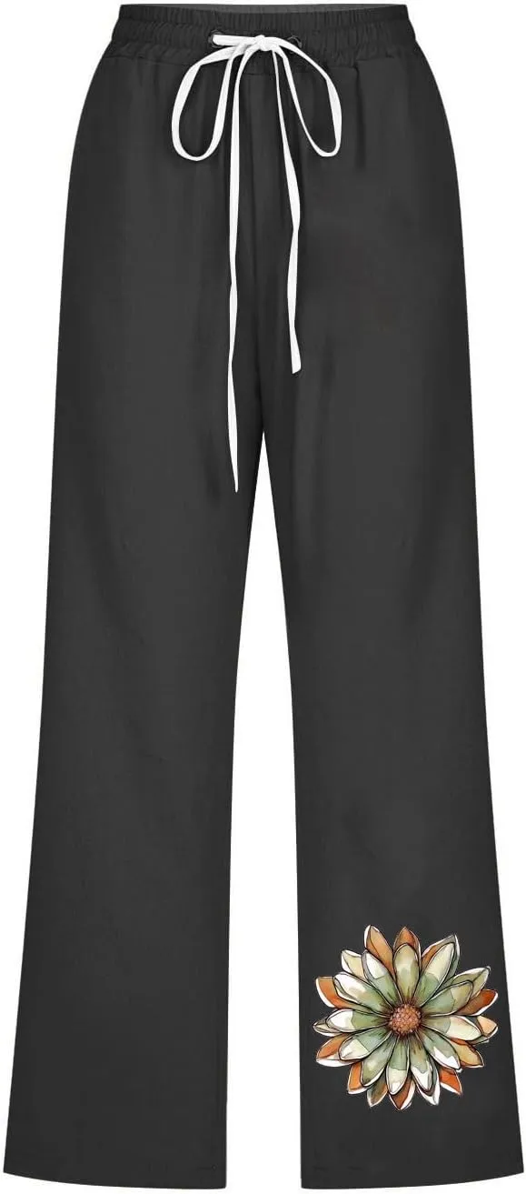 Summer Linen Capri Pants for Women Casual Floral Print Elastic High Waist Pant Straight Leg Cropped Trousers