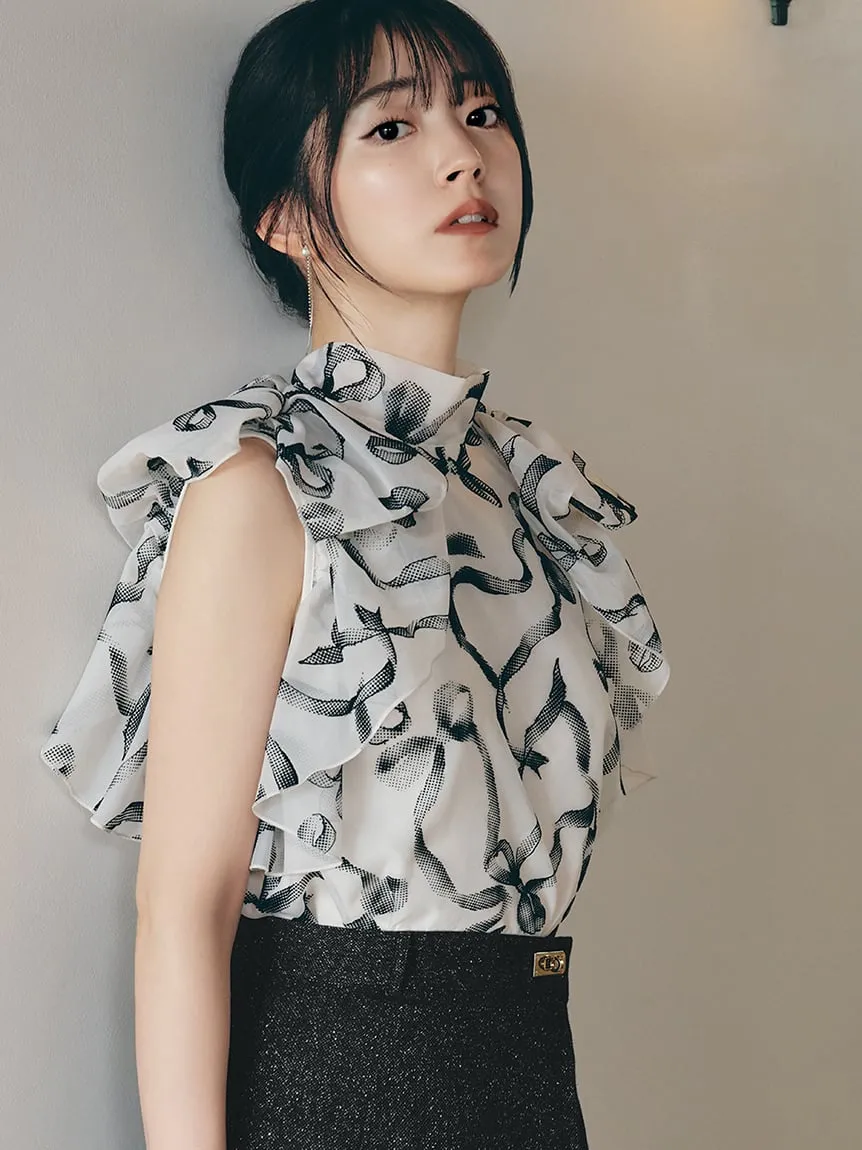 Sustainable High Neck Sleeveless Ruffle Blouse