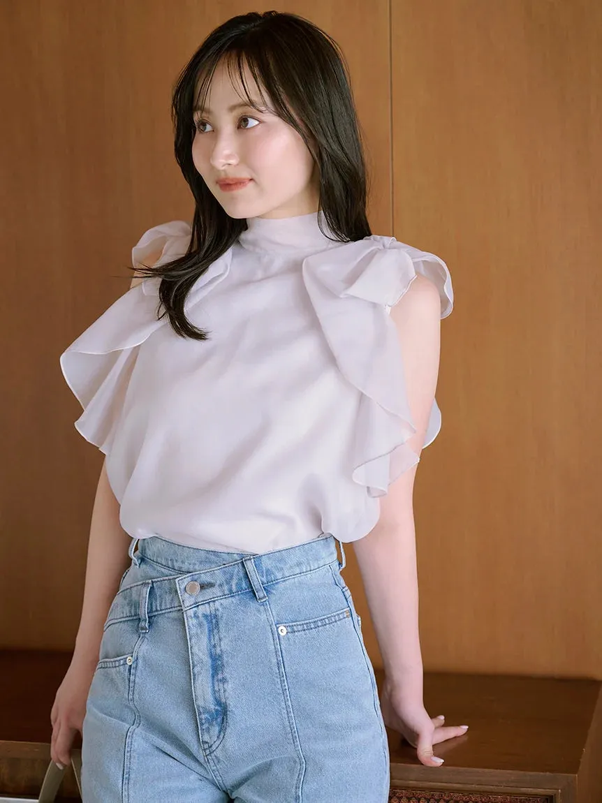 Sustainable High Neck Sleeveless Ruffle Blouse