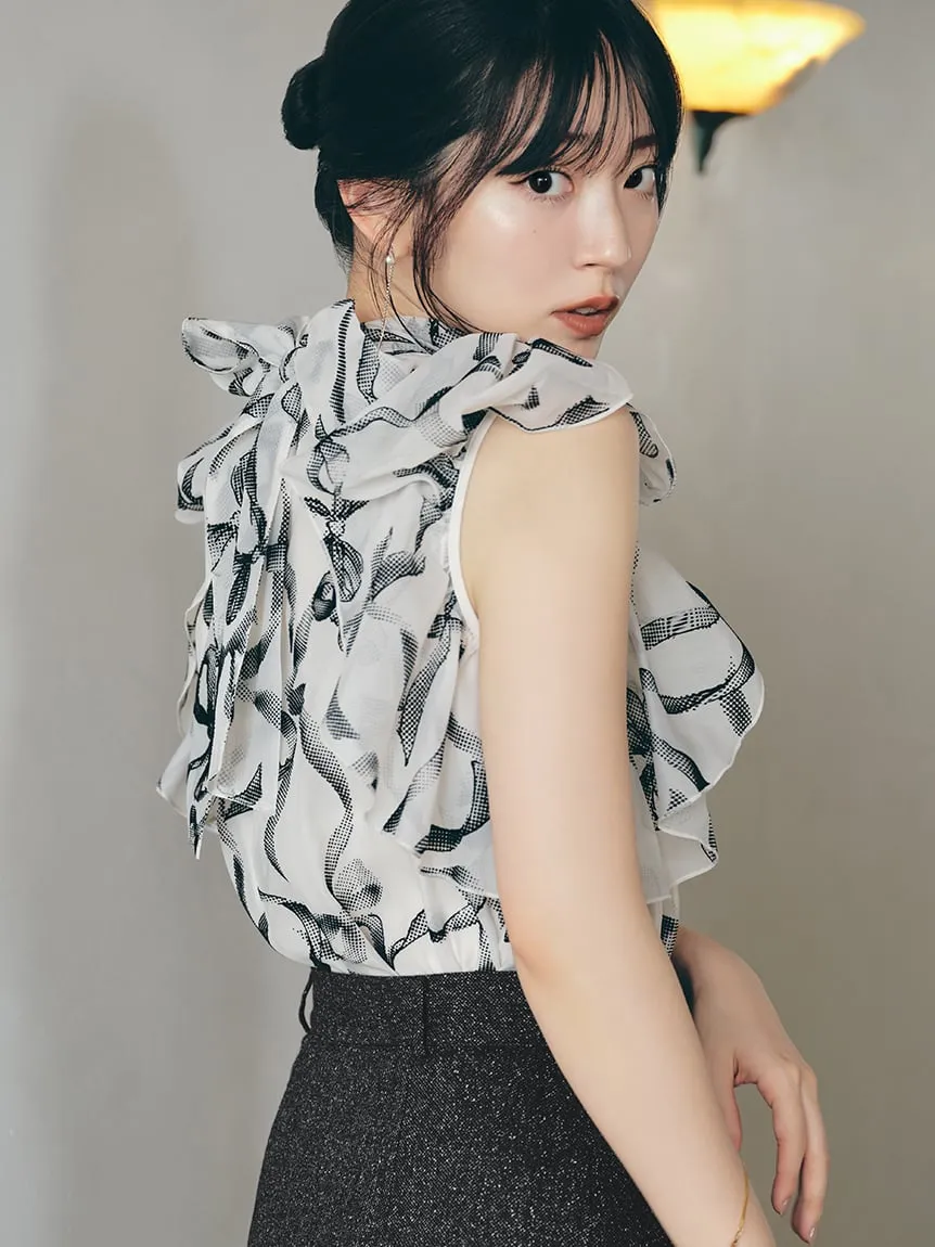 Sustainable High Neck Sleeveless Ruffle Blouse