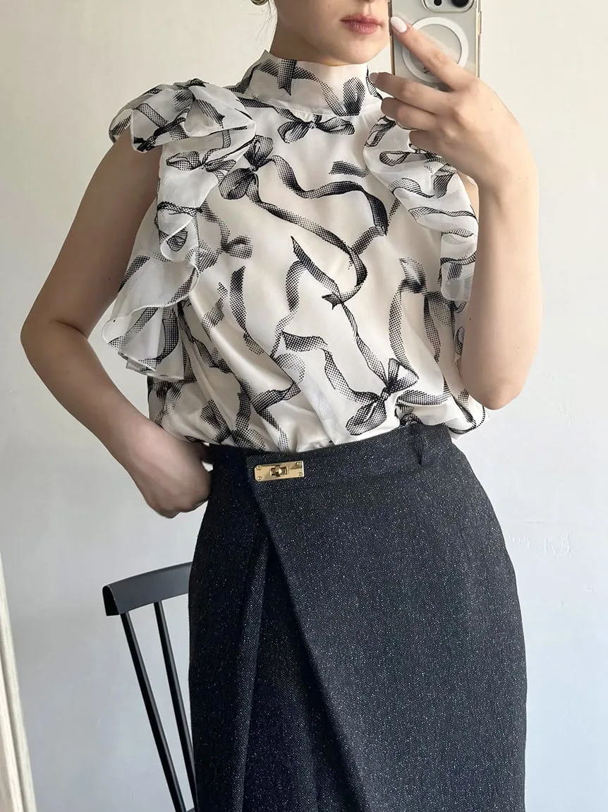 Sustainable High Neck Sleeveless Ruffle Blouse