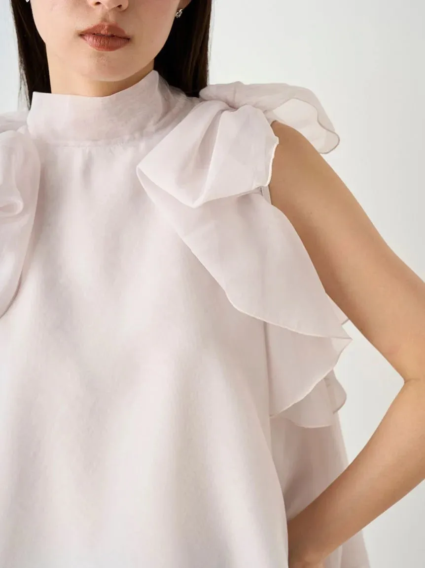 Sustainable High Neck Sleeveless Ruffle Blouse