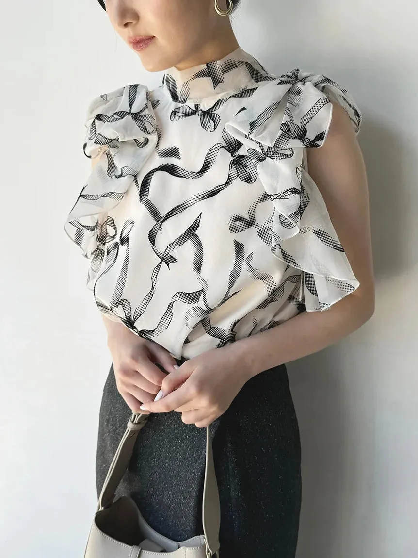 Sustainable High Neck Sleeveless Ruffle Blouse