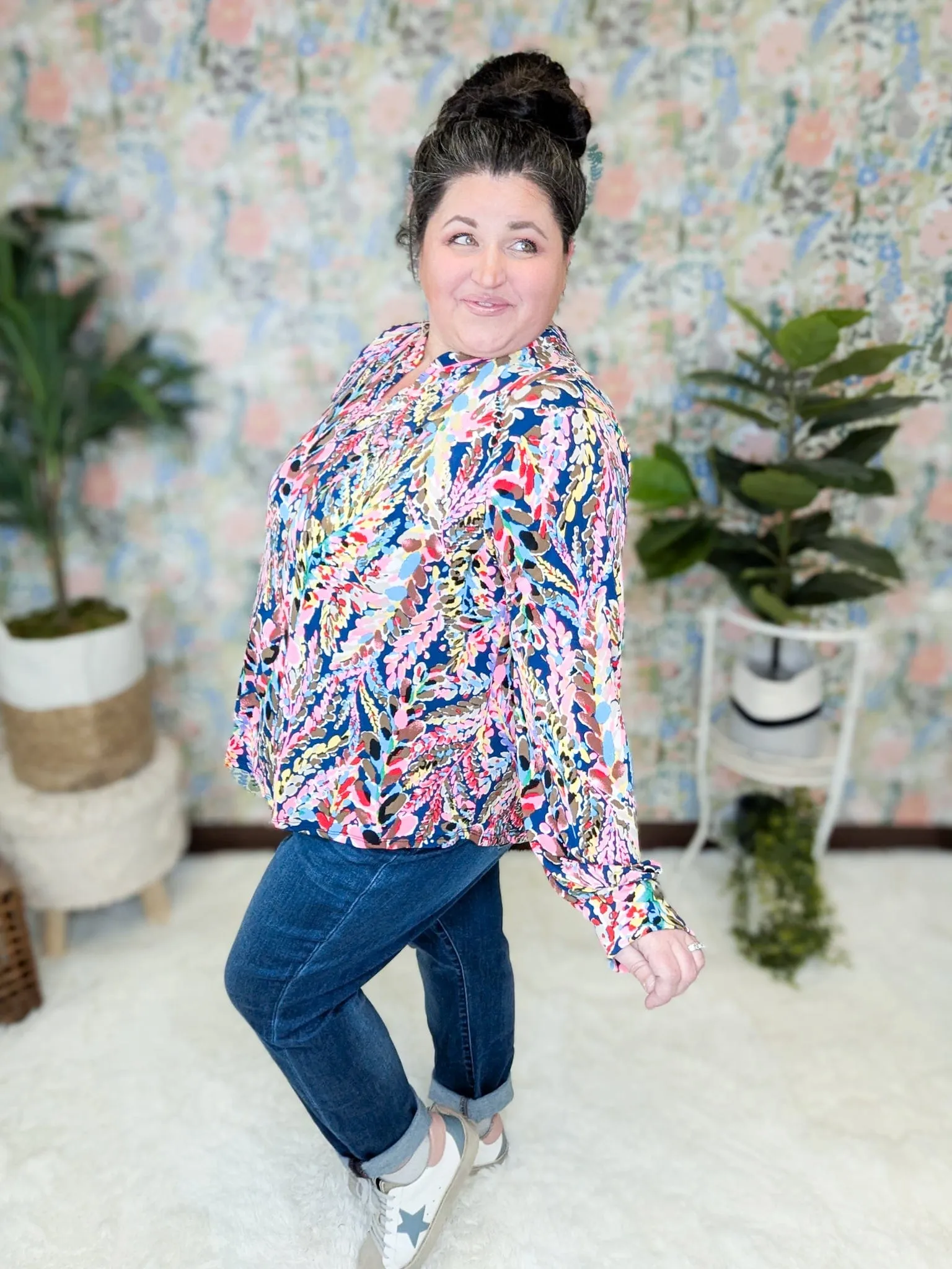 Tami Notch V-Neck Blouse in Navy   Brights