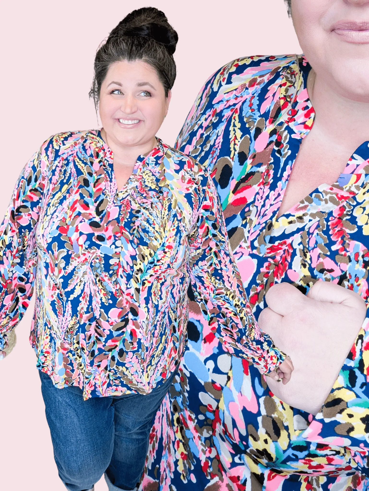 Tami Notch V-Neck Blouse in Navy   Brights