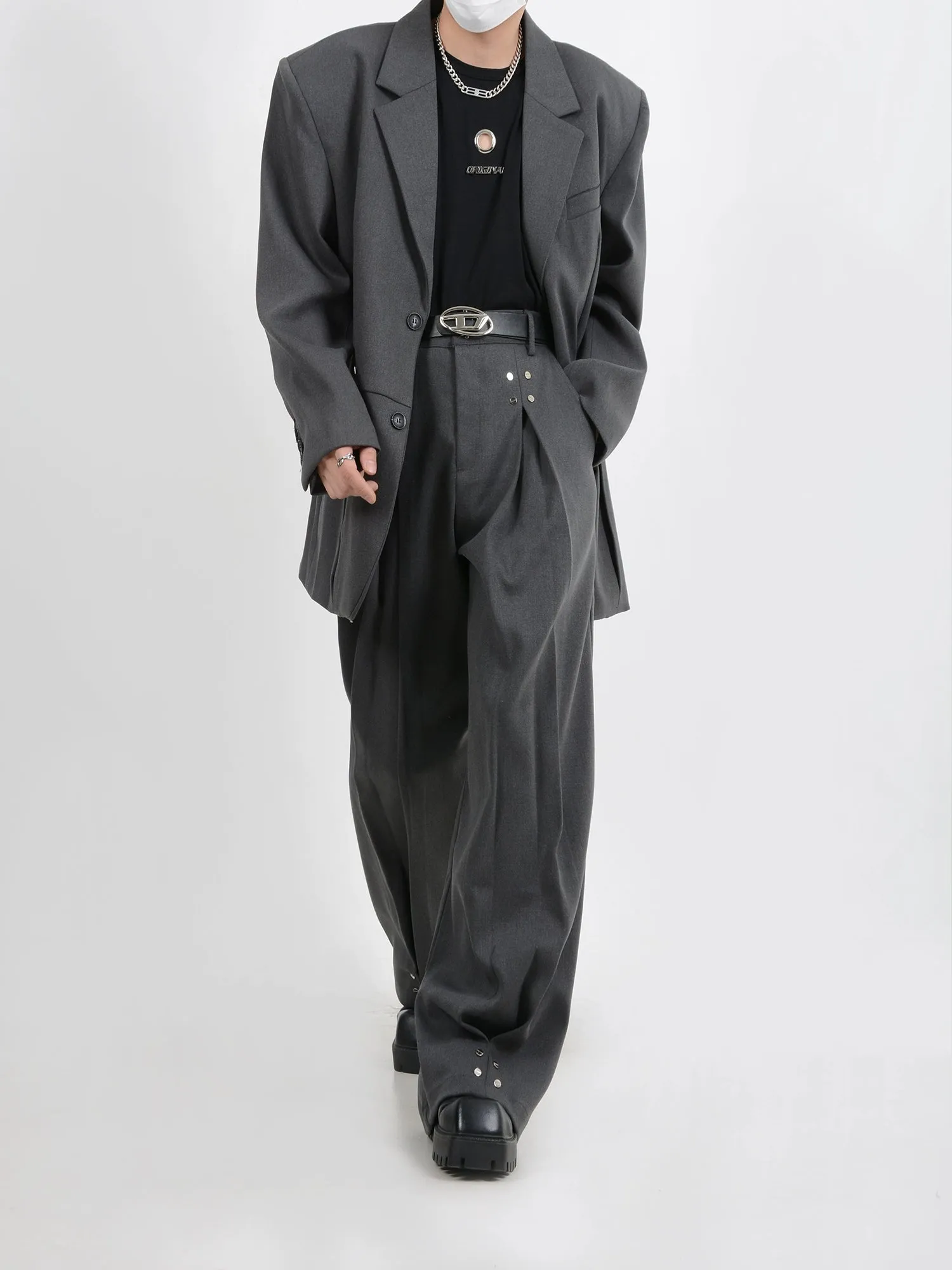 Wide-Leg Silver Accent Embellished Trousers